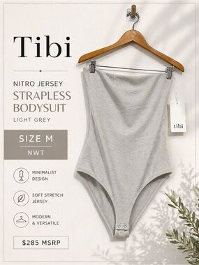 Tibi Nitro Jersey Strapless Bodysuit Light Grey Size M NWT $285 MSRP